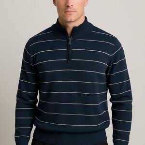 Line 48 Large Blue White Striped 1/4 Zip Mock Neck Preppy Classic Cozy Sweater